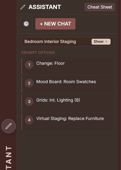 Design Assistant showing numbered Prompt Options for bedroom interior
